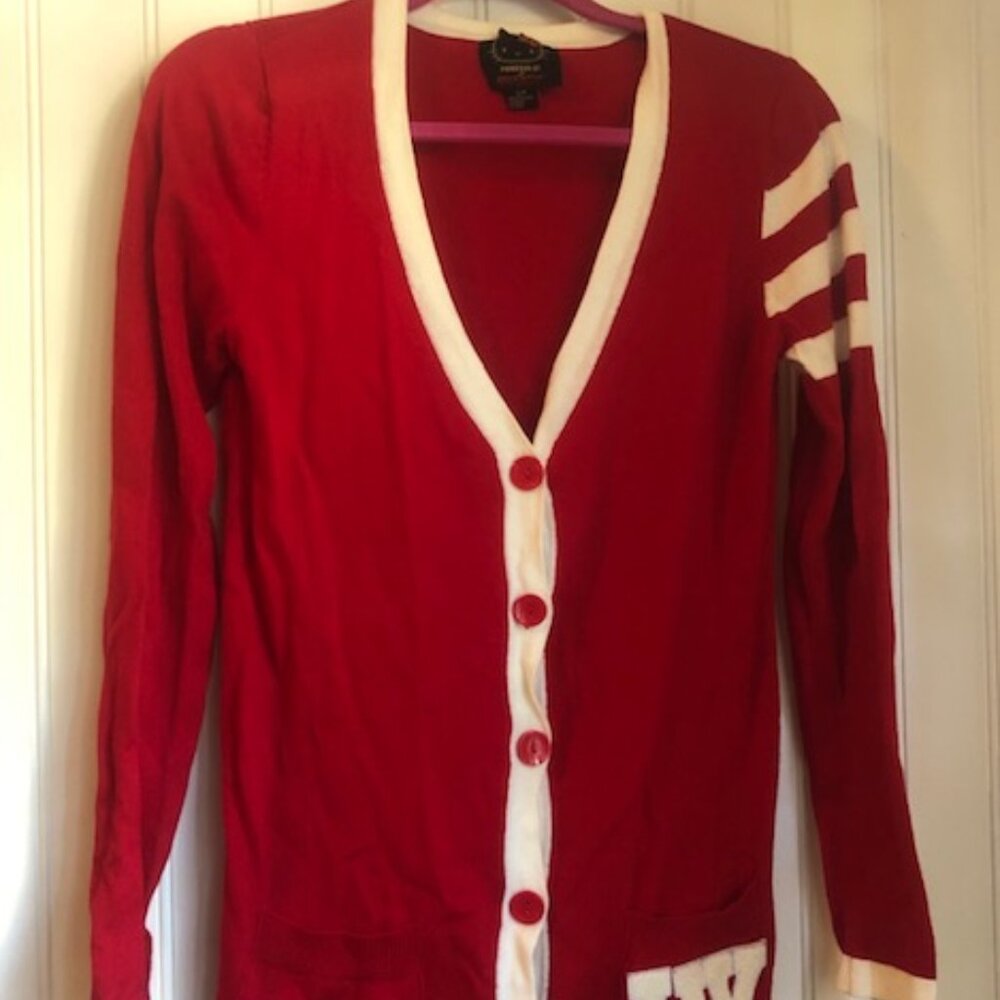 Hello Kitty Forever 21 Sanrio Red Varsity Long Cardigan Sweater Vintage Small
